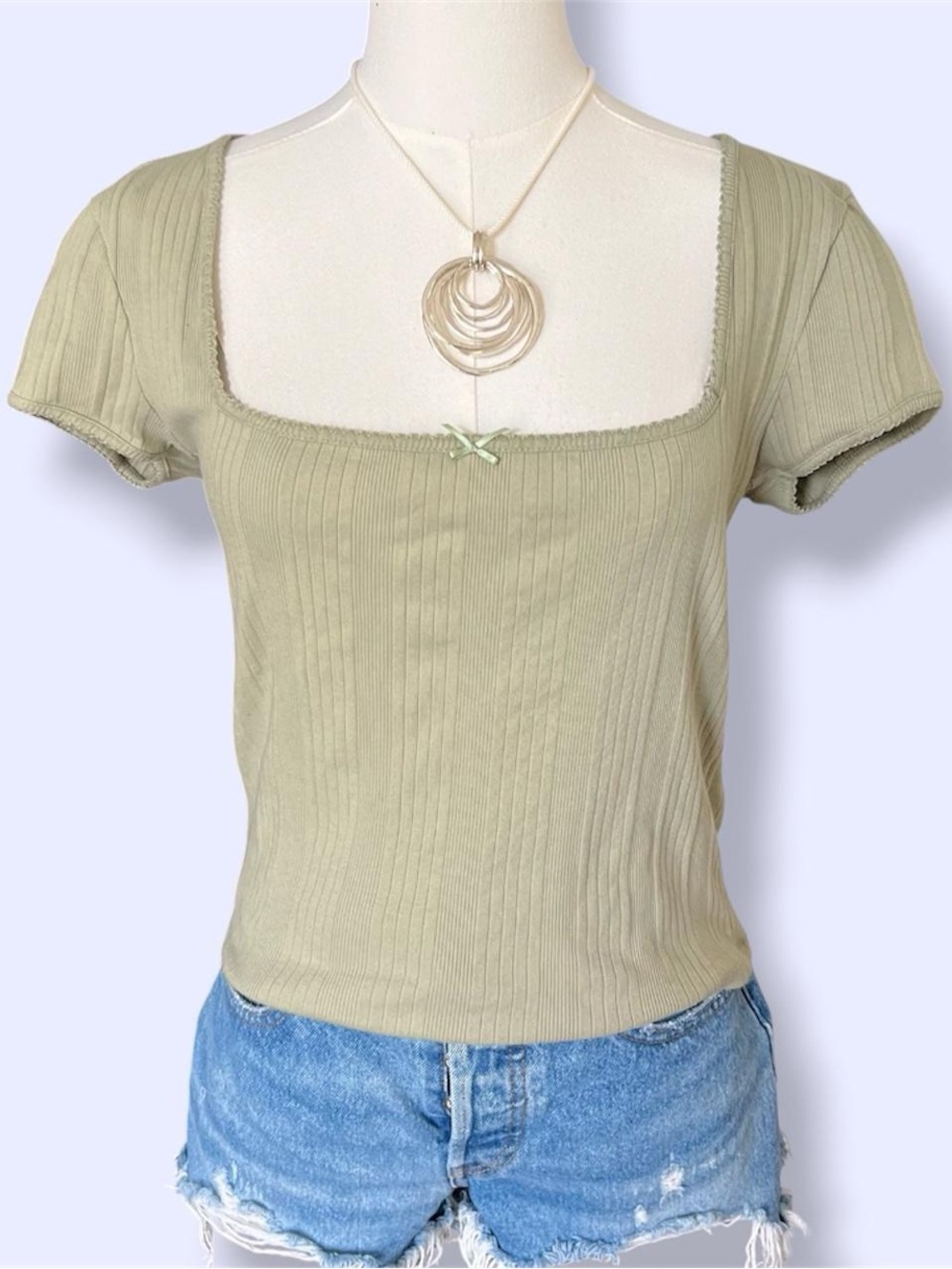 BDG Green Ribbed Square Neck Short Sleeve top
